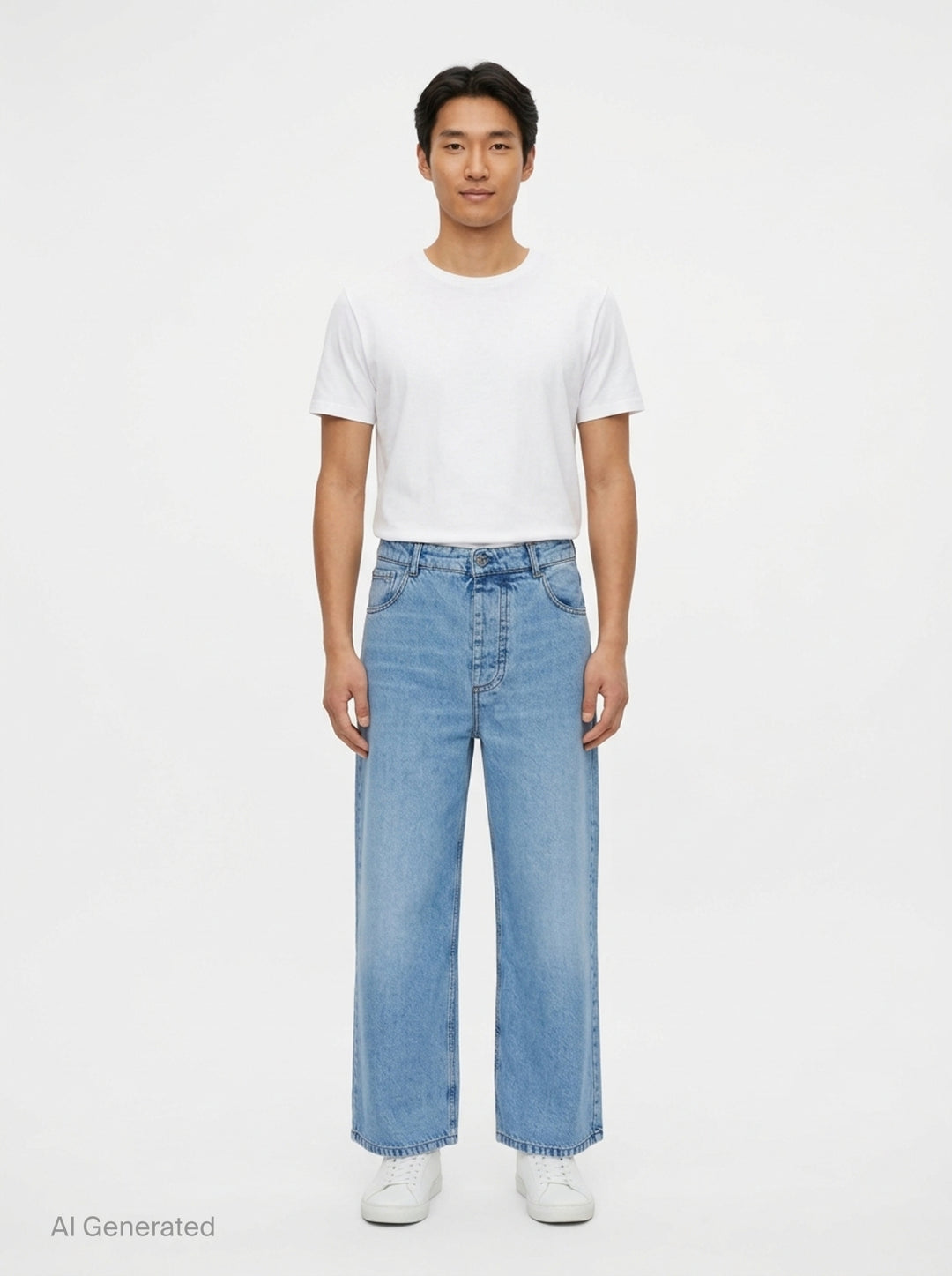AMI Baggy Fit Jeans in light blue washed denim with wide-leg silhouette, button fly, and five-pocket design - front
