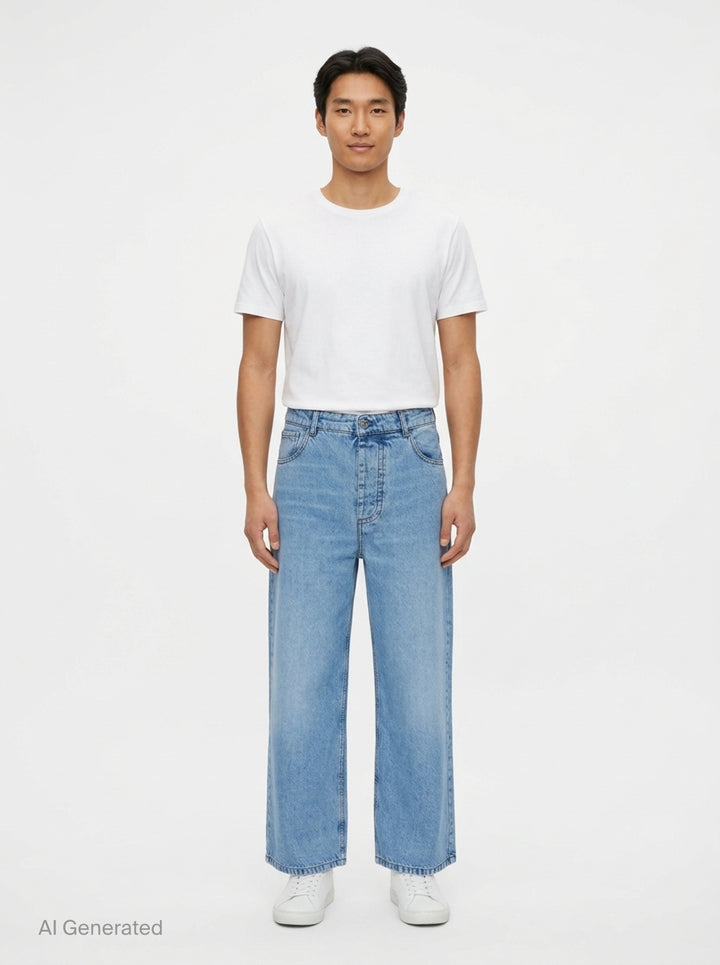 AMI Baggy Fit Jeans in light blue washed denim with wide-leg silhouette, button fly, and five-pocket design - front