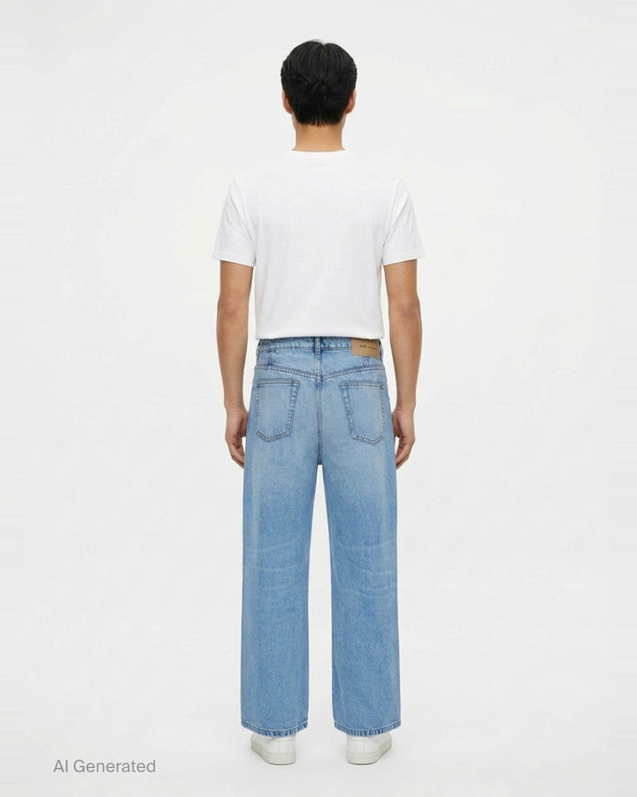 AMI Baggy Fit Jeans in light blue washed denim with wide-leg silhouette, button fly, and five-pocket design - back