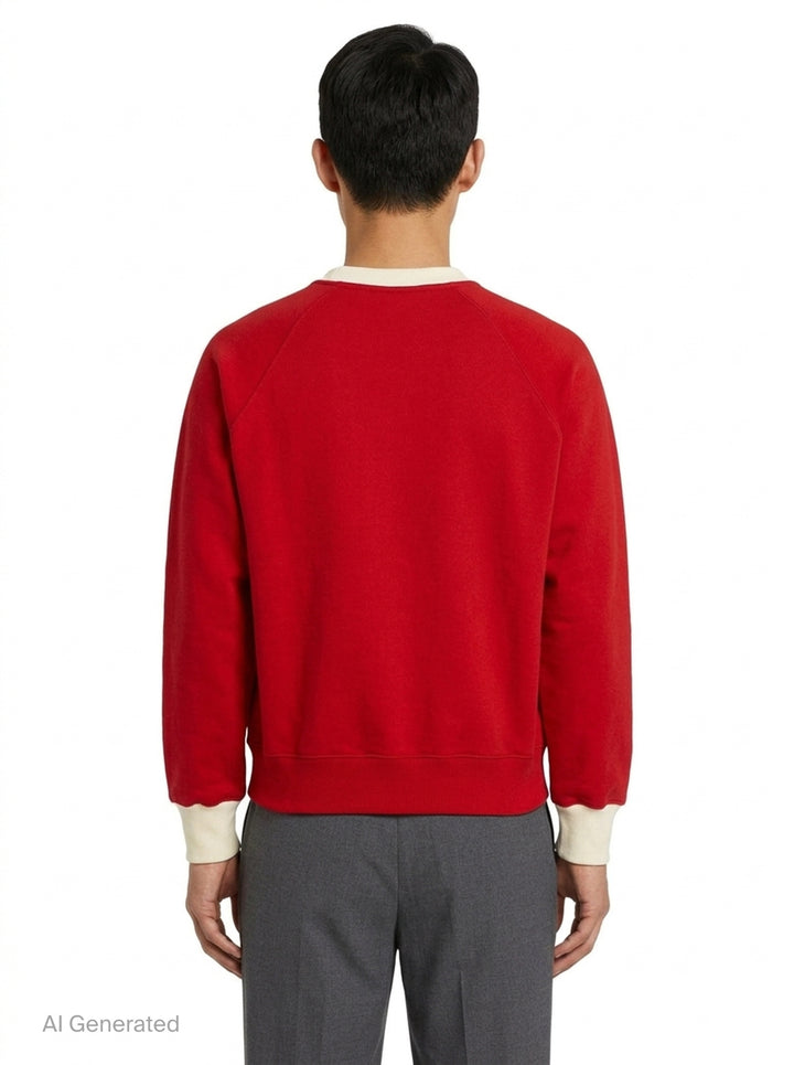 AMI Paris Bicolor Crewneck Sweatshirt in red with cream contrast ribbed collar and cuffs, featuring an embroidered Ami de Cœur logo on the chest - back