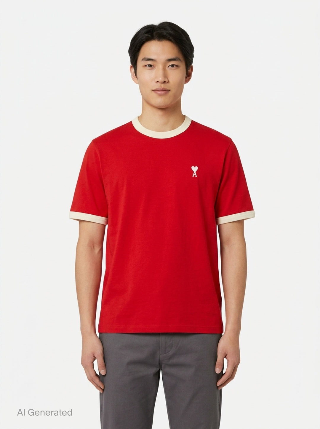AMI Alexandre Mattiussi Bicolor Ringer Tee in forest green with cream contrast ribbed trim at the neckline and cuffs, and Ami de Cœur logo embroidered at the chest - front