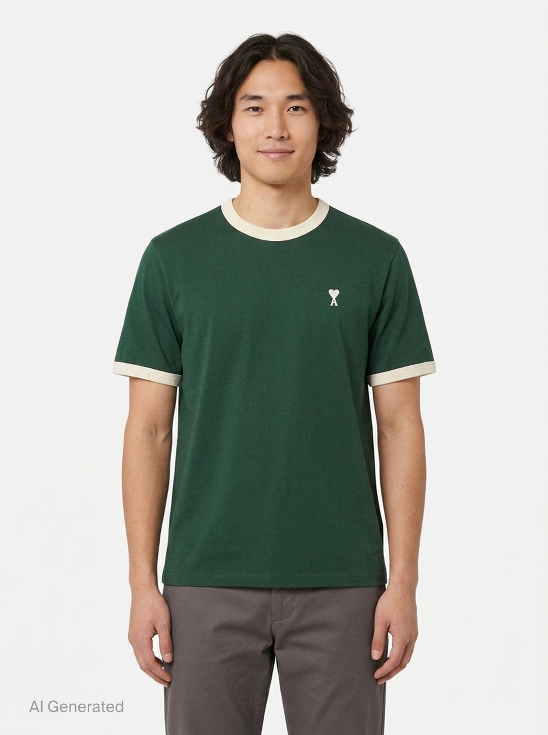 AMI Alexandre Mattiussi Bicolor Ringer Tee in forest green with cream contrast ribbed trim at the neckline and cuffs, and Ami de Cœur logo embroidered at the chest - front