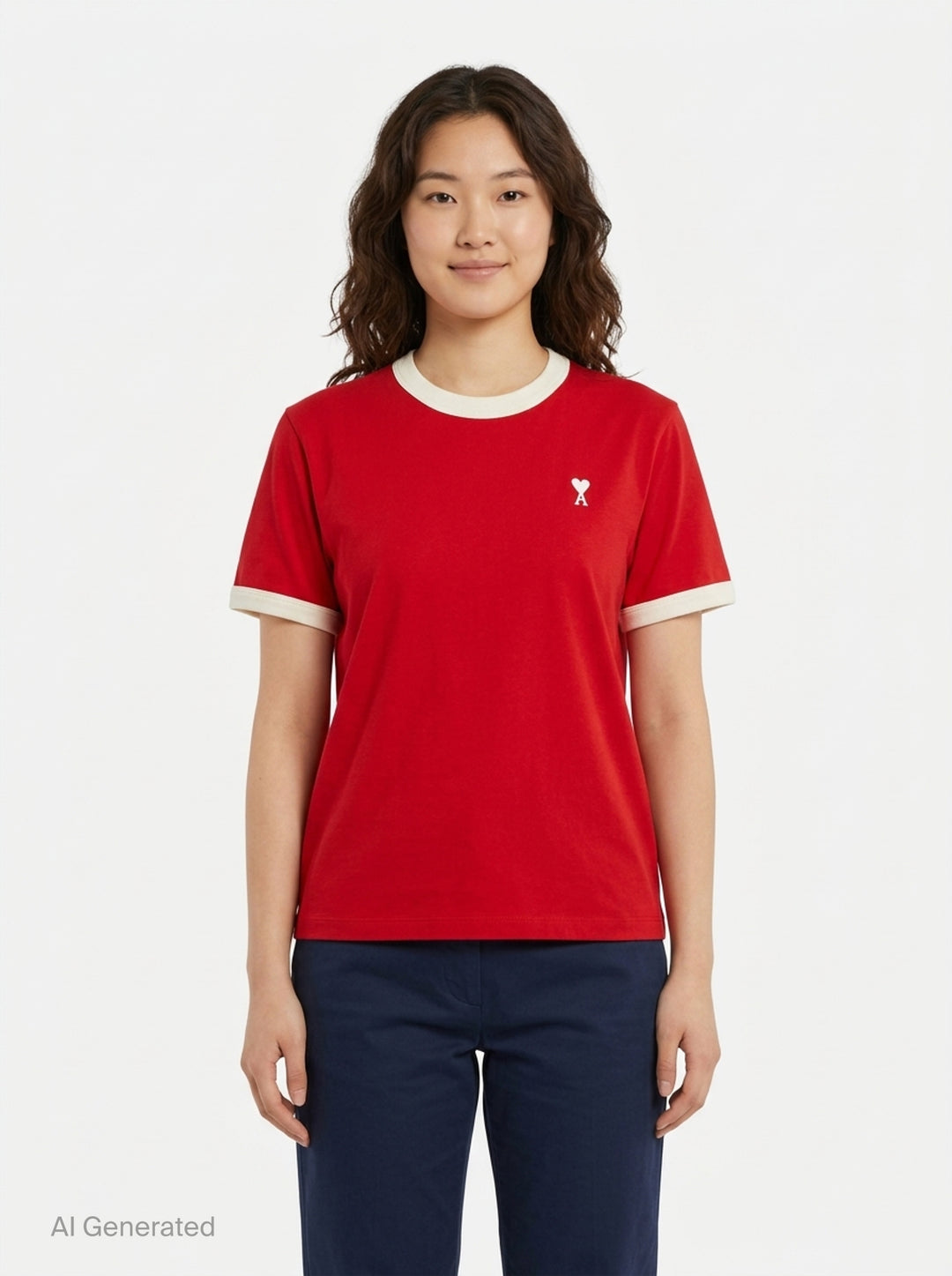 Ami Alexandre Mattiussi forest green bicolor ringer tee with cream contrast collar and cuff trim, featuring the embroidered Ami de Cœur logo at the chest - front
