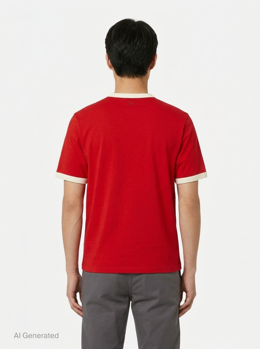 AMI Alexandre Mattiussi Bicolor Ringer Tee in forest green with cream contrast ribbed trim at the neckline and cuffs, and Ami de Cœur logo embroidered at the chest - back