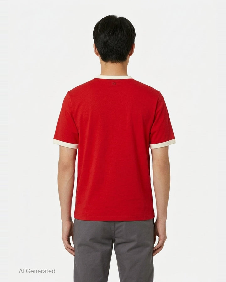 AMI Alexandre Mattiussi Bicolor Ringer Tee in forest green with cream contrast ribbed trim at the neckline and cuffs, and Ami de Cœur logo embroidered at the chest - back