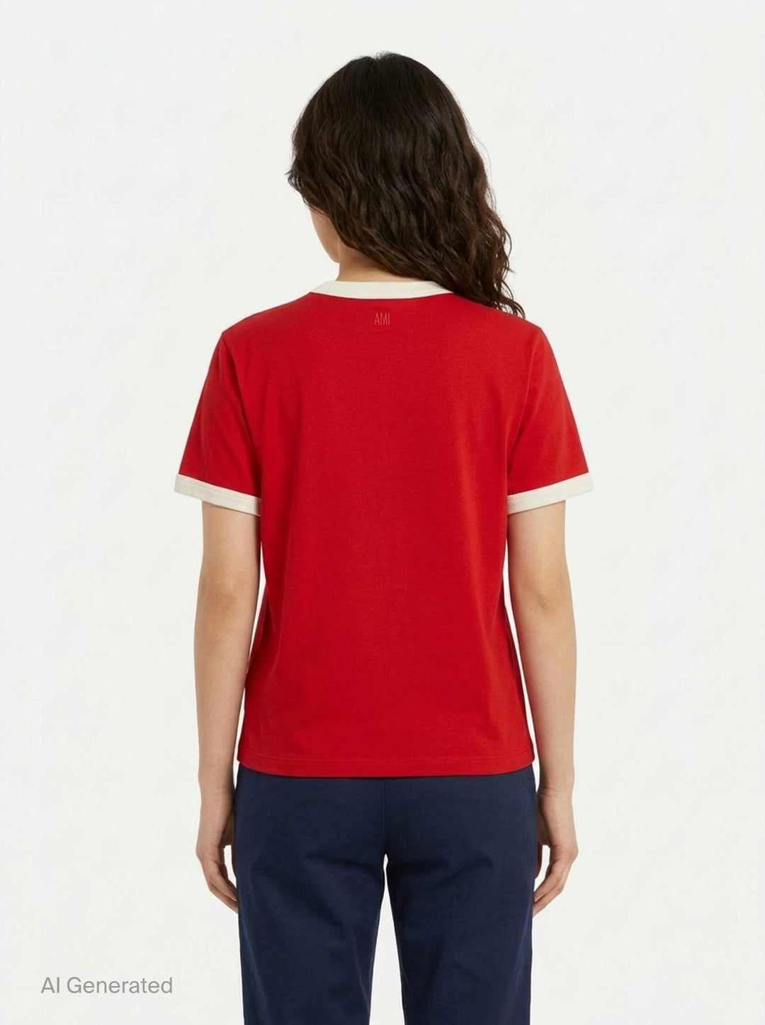 Ami Alexandre Mattiussi forest green bicolor ringer tee with cream contrast collar and cuff trim, featuring the embroidered Ami de Cœur logo at the chest - back