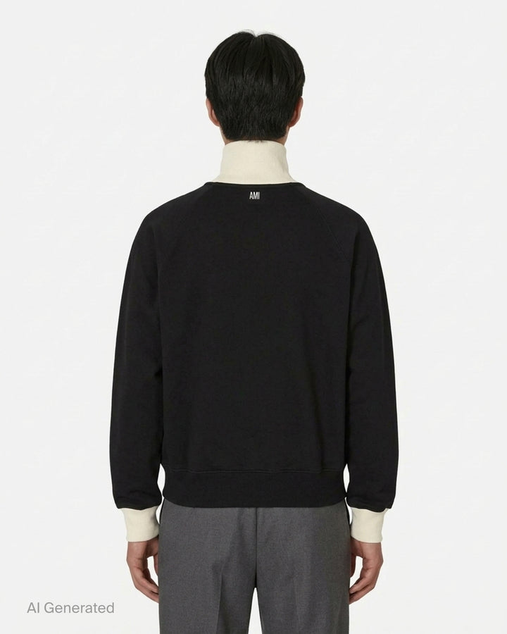 AMI black zip-up sweatshirt with cream funnel collar, ribbed cuffs and embroidered Ami de Coeur logo on the chest - back