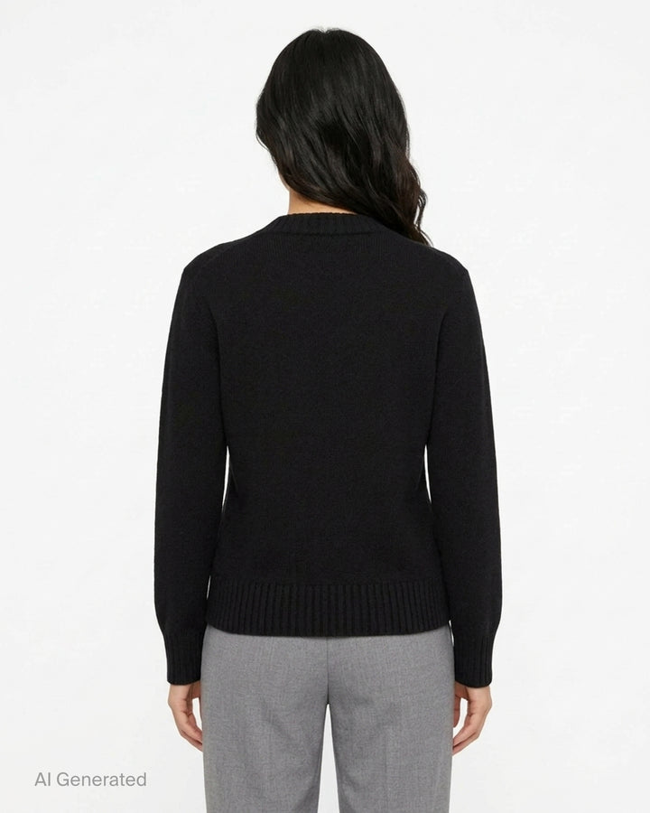 AMI black crewneck sweater in chunky knit with ribbed collar, cuffs and hem, shown flat from the front - back