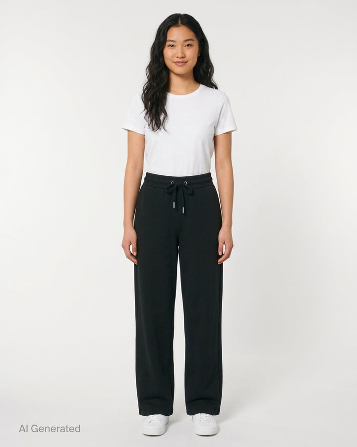 AMI black drawstring sweatpants with ribbed waistband and wide straight leg, shown from the front - front