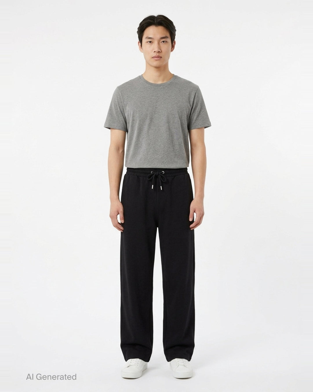 AMI Contrast Wide Leg Sweatpants in black with elasticated drawstring waistband and wide straight-cut silhouette, shown flat against a white background - front