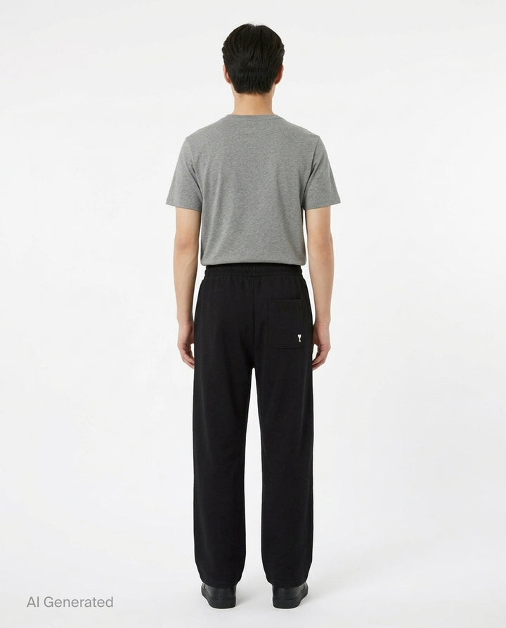 AMI Contrast Wide Leg Sweatpants in black with elasticated drawstring waistband and wide straight-cut silhouette, shown flat against a white background - back