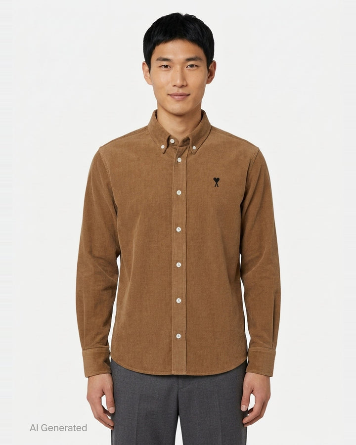 AMI Alexandre Mattiussi fine-wale corduroy button-down shirt in camel with embroidered Ami de Cœur logo at the chest and button-down collar - front