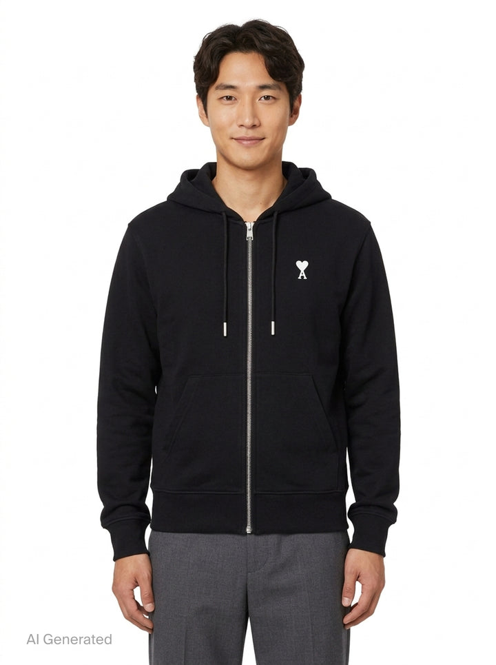 Ami Alexandre Mattiussi black zip-up hoodie with embroidered Ami de Cœur logo, silver zip hardware, adjustable drawstring hood, and kangaroo pocket - front