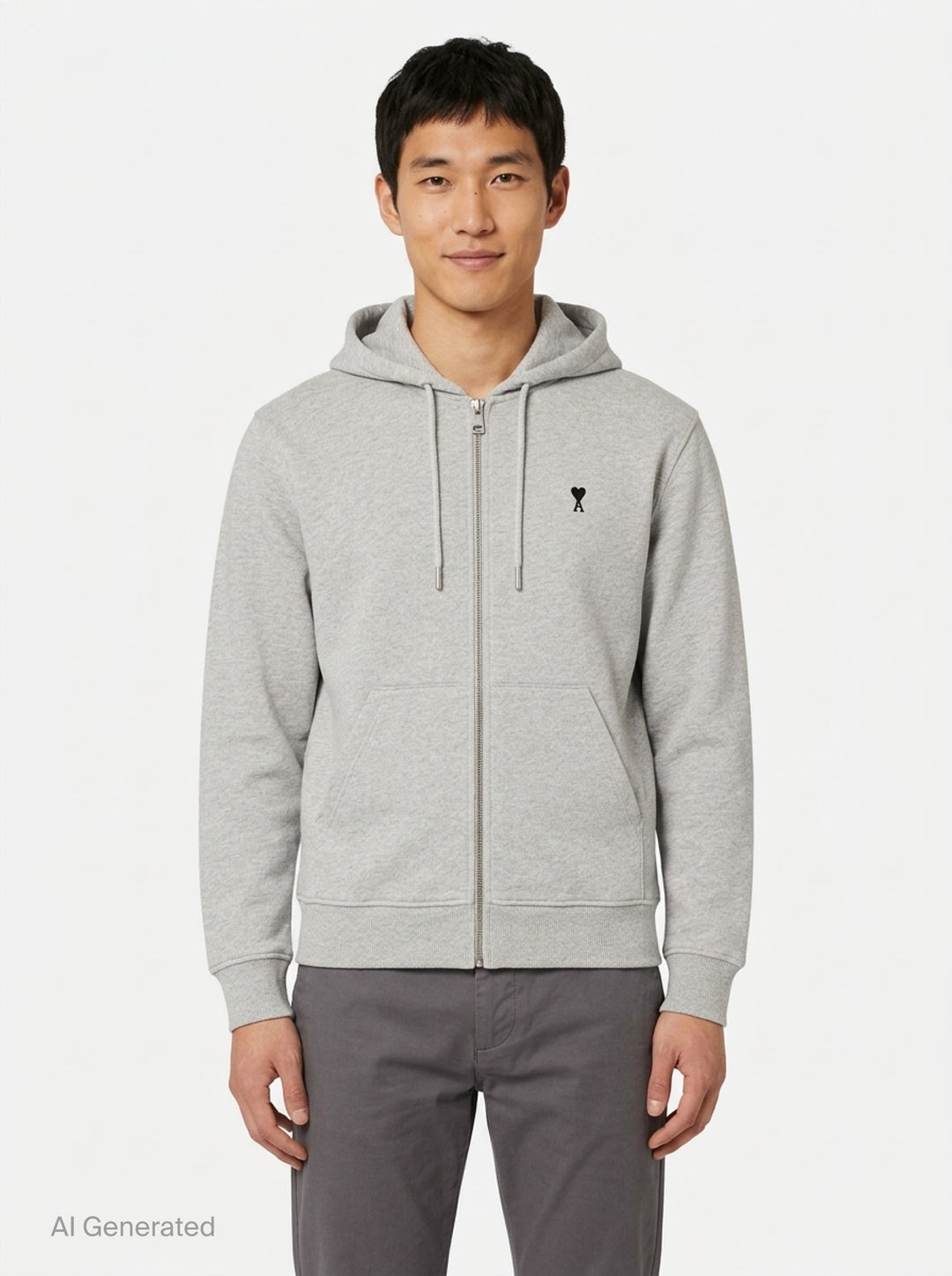 Ami Alexandre Mattiussi black zip-up hoodie with embroidered Ami de Cœur logo, silver zip hardware, adjustable drawstring hood, and kangaroo pocket - front