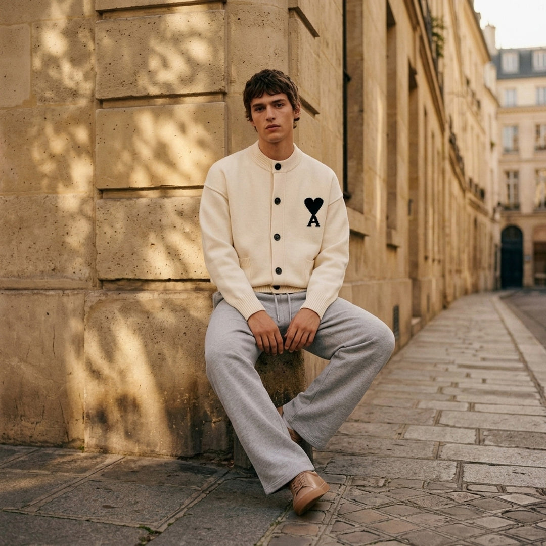 AMI grey crewneck cardigan with intarsia Ami de Cœur logo, button-front closure, ribbed trims, and hip patch pockets - lifestyle