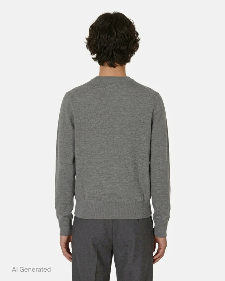 AMI heather grey crewneck sweater with embroidered black Ami de Coeur heart logo on the chest - back