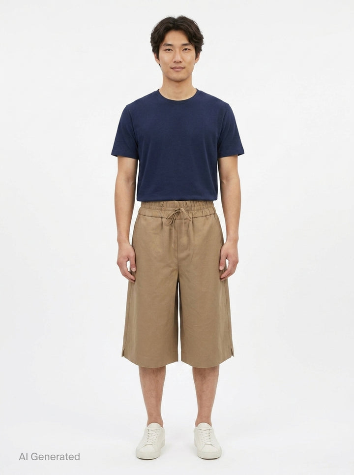 AMI Elasticated Large Bermuda Shorts in khaki tan, featuring a wide-leg silhouette, elasticated paper-bag waistband with drawstring, and hem side slits, displayed flat on a white background - front