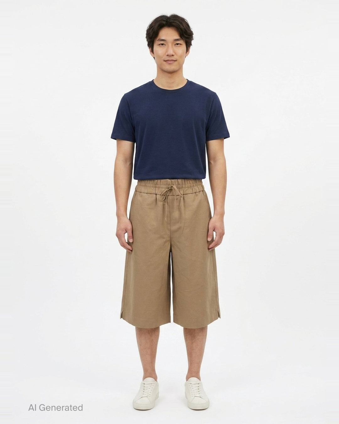 AMI Elasticated Large Bermuda Shorts in khaki tan, featuring a wide-leg silhouette, elasticated paper-bag waistband with drawstring, and hem side slits, displayed flat on a white background - front