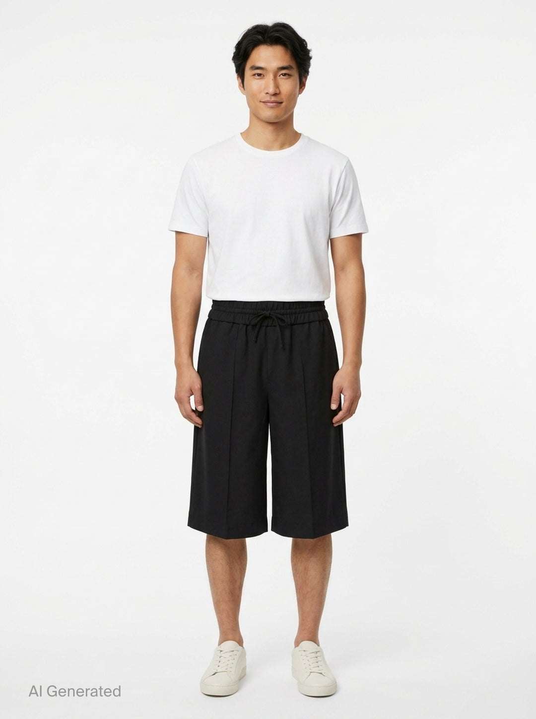 AMI Elasticated Large Bermuda Shorts in black with wide-leg silhouette, pressed creases, and elasticated drawstring waistband - front