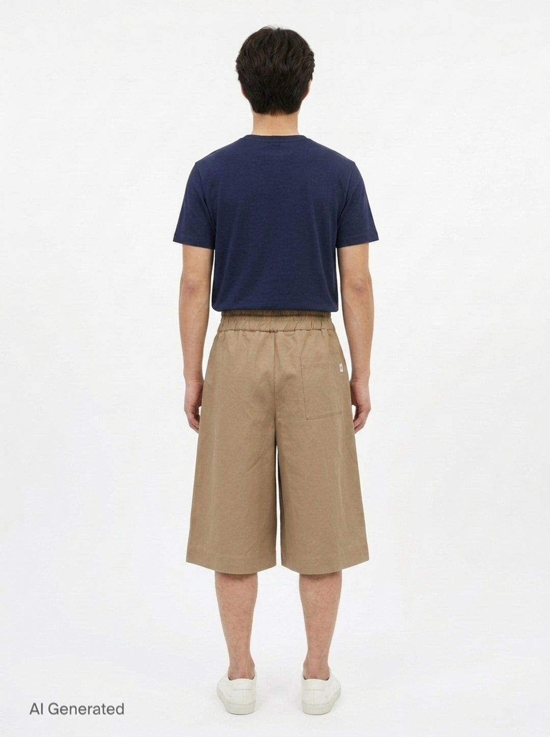 AMI Elasticated Large Bermuda Shorts in khaki tan, featuring a wide-leg silhouette, elasticated paper-bag waistband with drawstring, and hem side slits, displayed flat on a white background - back