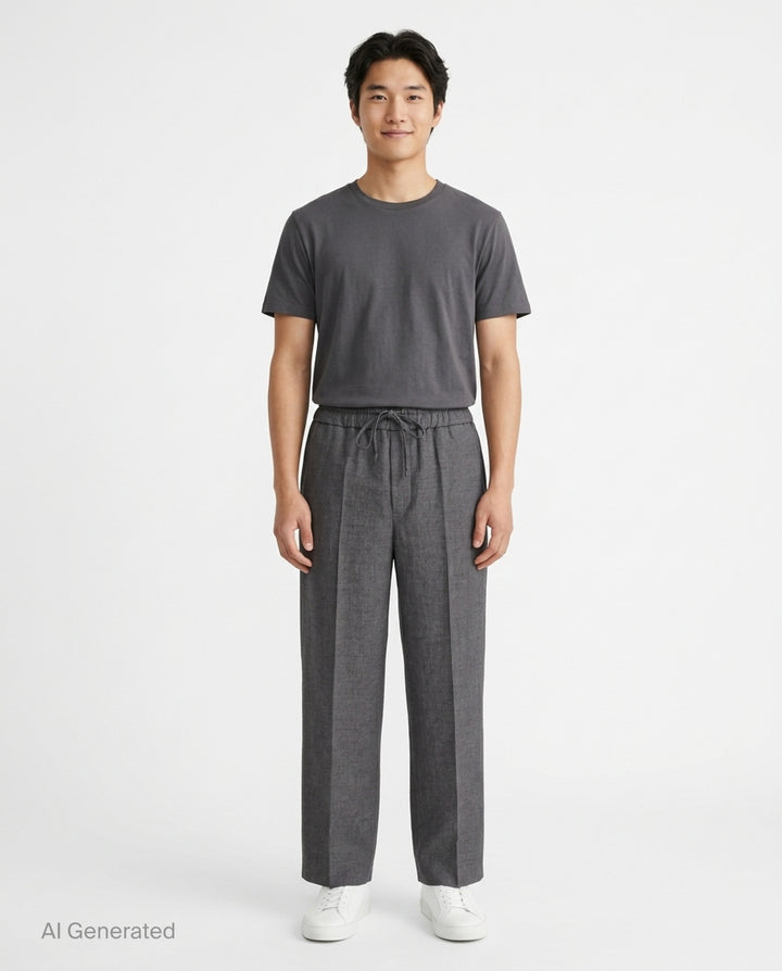 AMI black elasticated waist trousers with drawstring tie, relaxed tapered silhouette and pressed front creases, front view - front