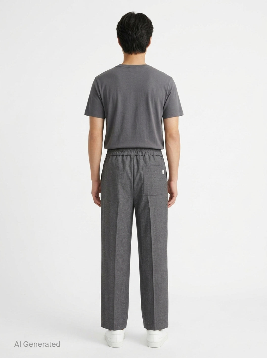 AMI black elasticated waist trousers with drawstring tie, relaxed tapered silhouette and pressed front creases, front view - back