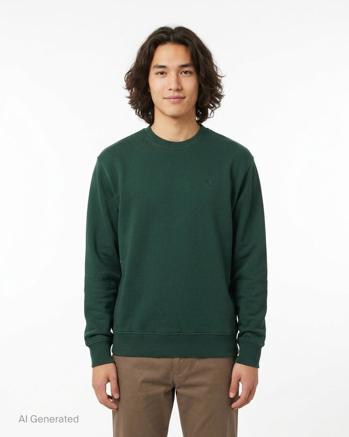 AMI forest green crewneck sweatshirt with ribbed trim and a small embroidered Ami de Coeur logo at the chest - front