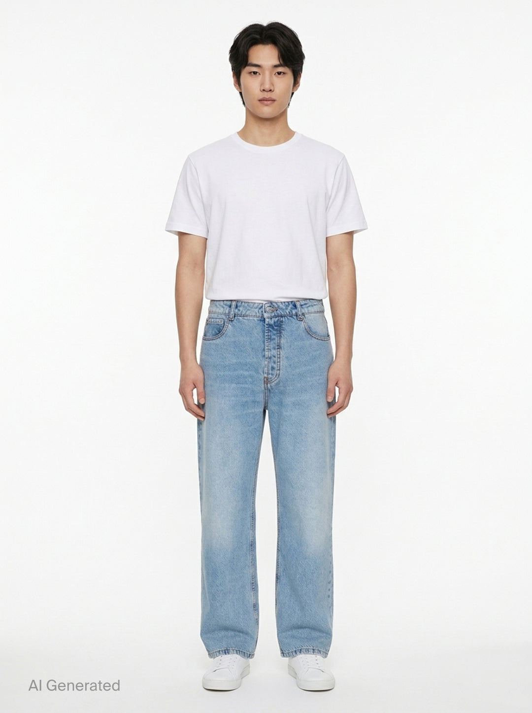 AMI Large Fit Jeans in light blue stonewash denim, featuring a relaxed wide-leg silhouette, five-pocket construction, and contrast copper topstitching - front