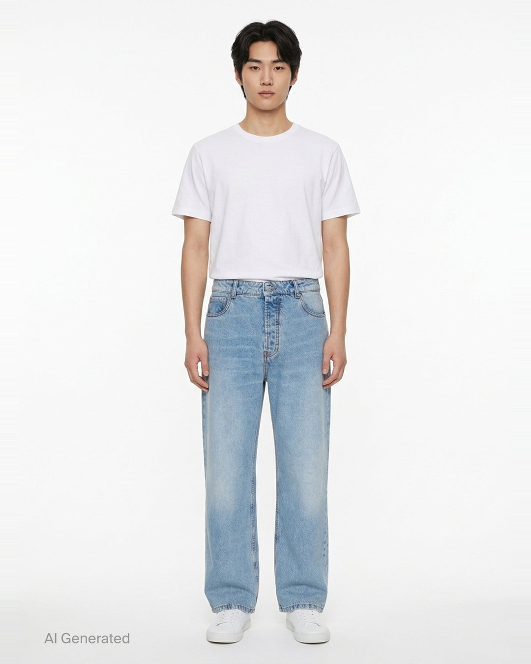 AMI Large Fit Jeans in light blue stonewash denim, featuring a relaxed wide-leg silhouette, five-pocket construction, and contrast copper topstitching - front