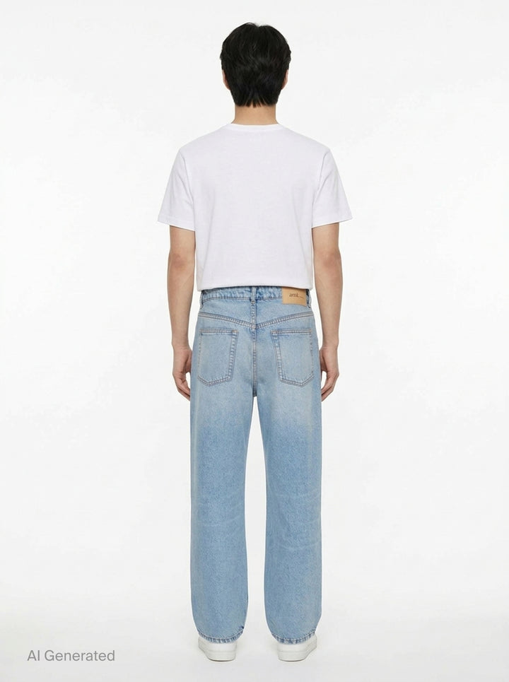 AMI Large Fit Jeans in light blue stonewash denim, featuring a relaxed wide-leg silhouette, five-pocket construction, and contrast copper topstitching - back