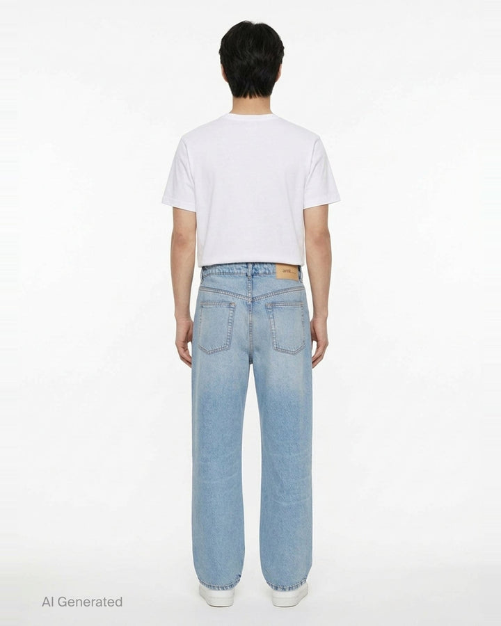 AMI Large Fit Jeans in light blue stonewash denim, featuring a relaxed wide-leg silhouette, five-pocket construction, and contrast copper topstitching - back