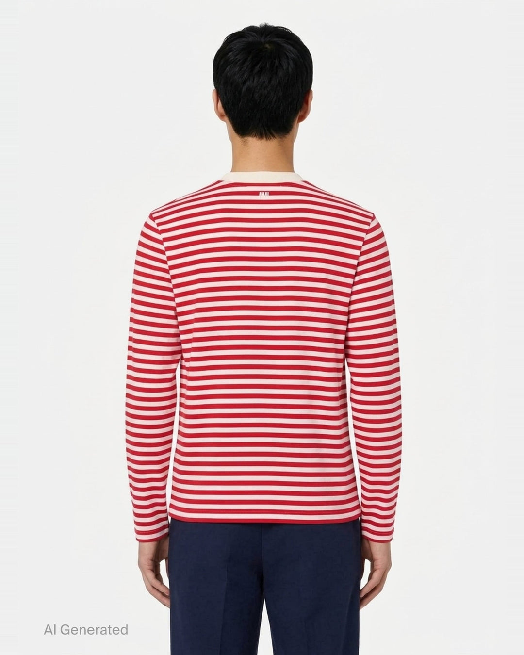 Ami Paris long sleeve crew neck tee in black and ivory horizontal Breton stripes with tonal Ami de Cœur chest logo embroidery - back