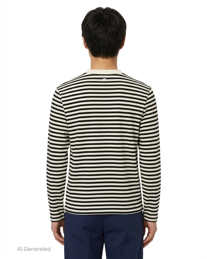 Ami Paris long sleeve crew neck tee in black and ivory horizontal Breton stripes with tonal Ami de Cœur chest logo embroidery - back