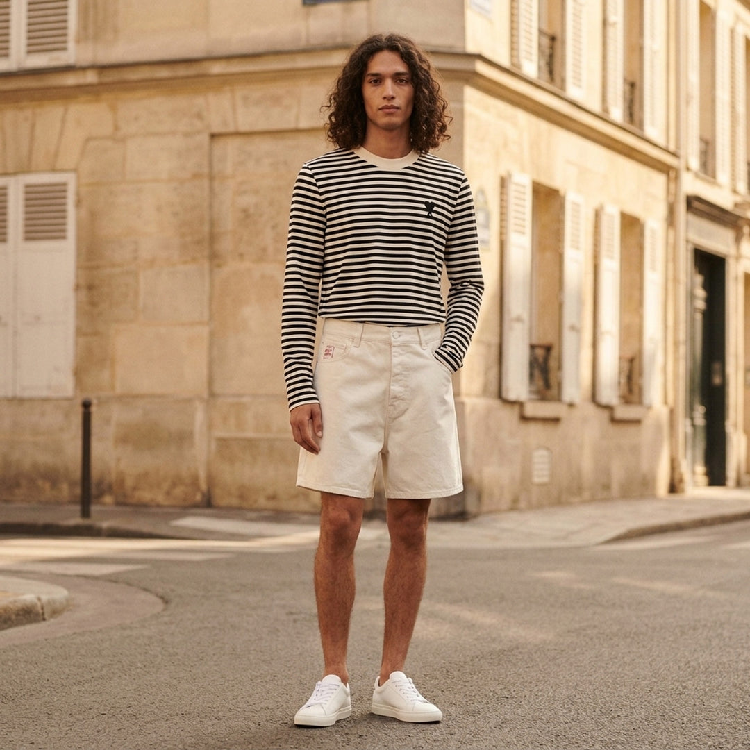 Ami Paris long sleeve crew neck tee in black and ivory horizontal Breton stripes with tonal Ami de Cœur chest logo embroidery - lifestyle