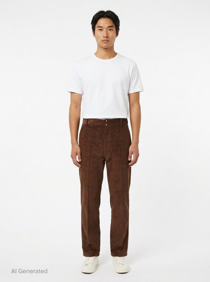 AMI Parisian Fit Trousers in brown fine-wale corduroy with a straight leg silhouette, structured waistband and twin button fastening, front view on white background - front