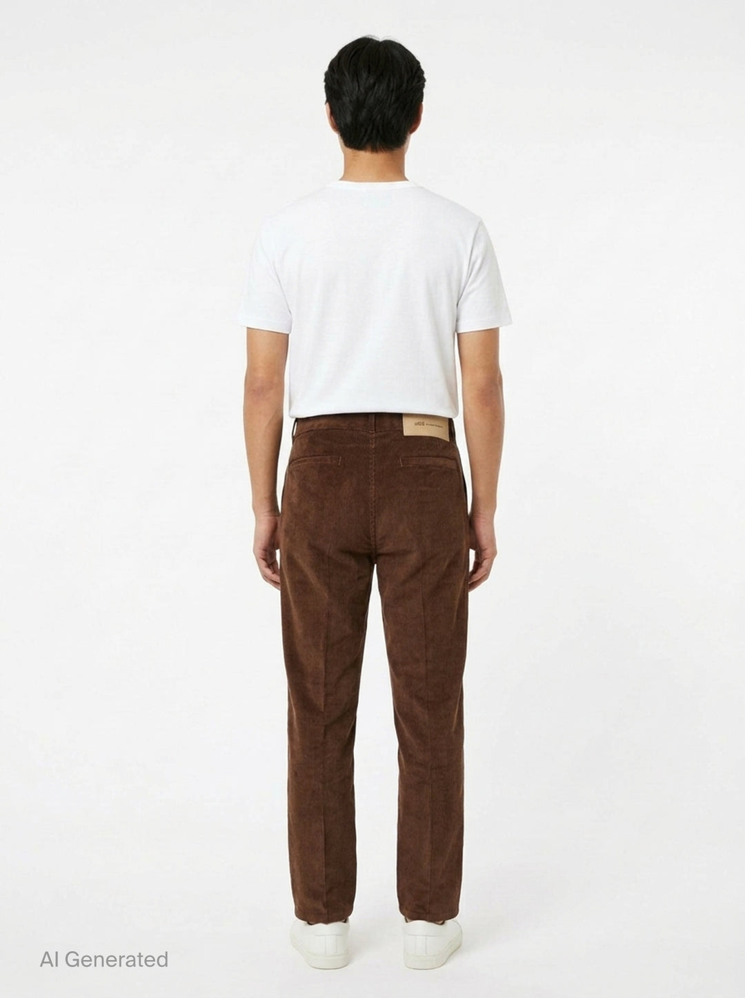 AMI Parisian Fit Trousers in brown fine-wale corduroy with a straight leg silhouette, structured waistband and twin button fastening, front view on white background - back