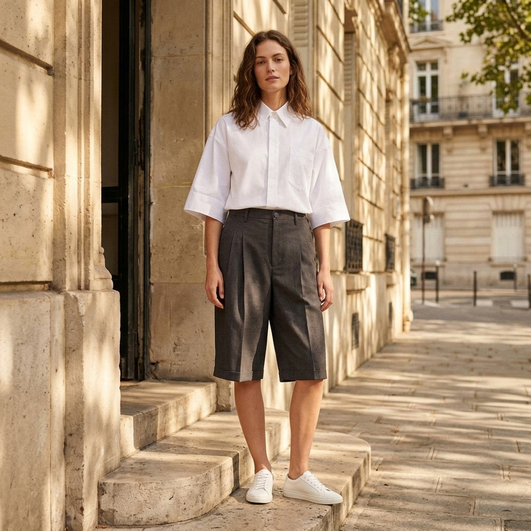 AMI Pleated Carrot Shorts in medium grey, featuring a high-rise waistband, double forward pleats, wide-leg carrot silhouette, and cuffed hem, displayed flat on a white background. - lifestyle