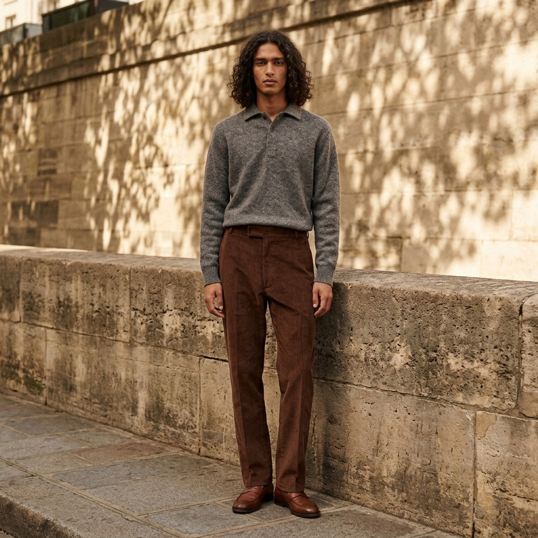AMI grey bouclé knit polo sweater with spread collar, three-button placket, and ribbed cuffs, displayed on a flat ghost mannequin - lifestyle