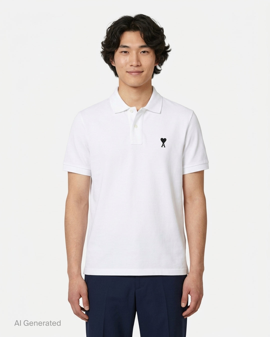Ami Alexandre Mattiussi black piqué polo shirt with white Ami de Cœur logo embroidery on the chest and a two-button placket, front view - front