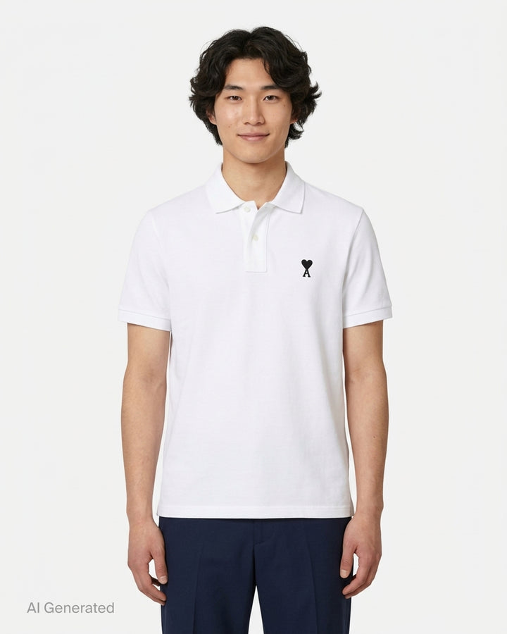 Ami Alexandre Mattiussi black piqué polo shirt with white Ami de Cœur logo embroidery on the chest and a two-button placket, front view - front