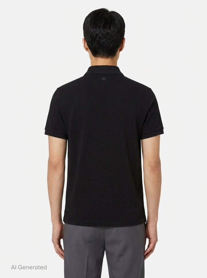 Ami Alexandre Mattiussi black piqué polo shirt with white Ami de Cœur logo embroidery on the chest and a two-button placket, front view - back