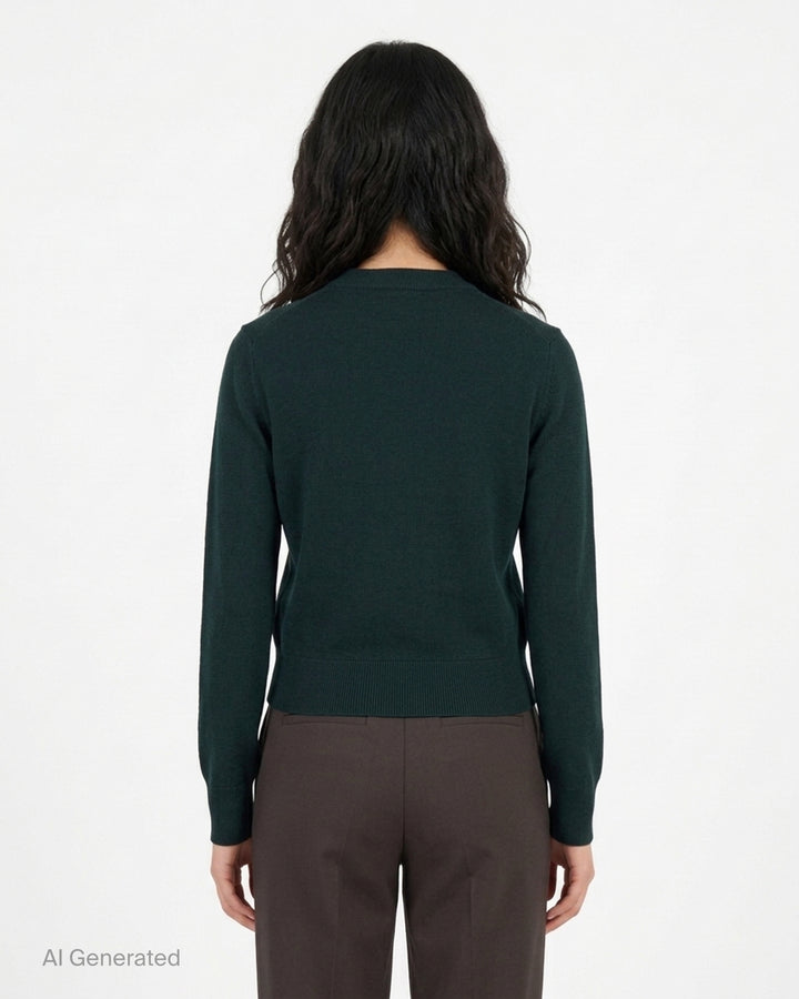 AMI Quota crewneck cardigan in deep forest green with black buttons, ribbed hem and cuffs, and a tonal embroidered heart logo on the chest - back