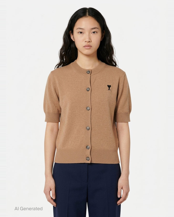 Ami Alexandre Matiussi short sleeve camel knit cardigan with button-through front, ribbed trims, and embroidered Ami de Cœur logo on the chest - front