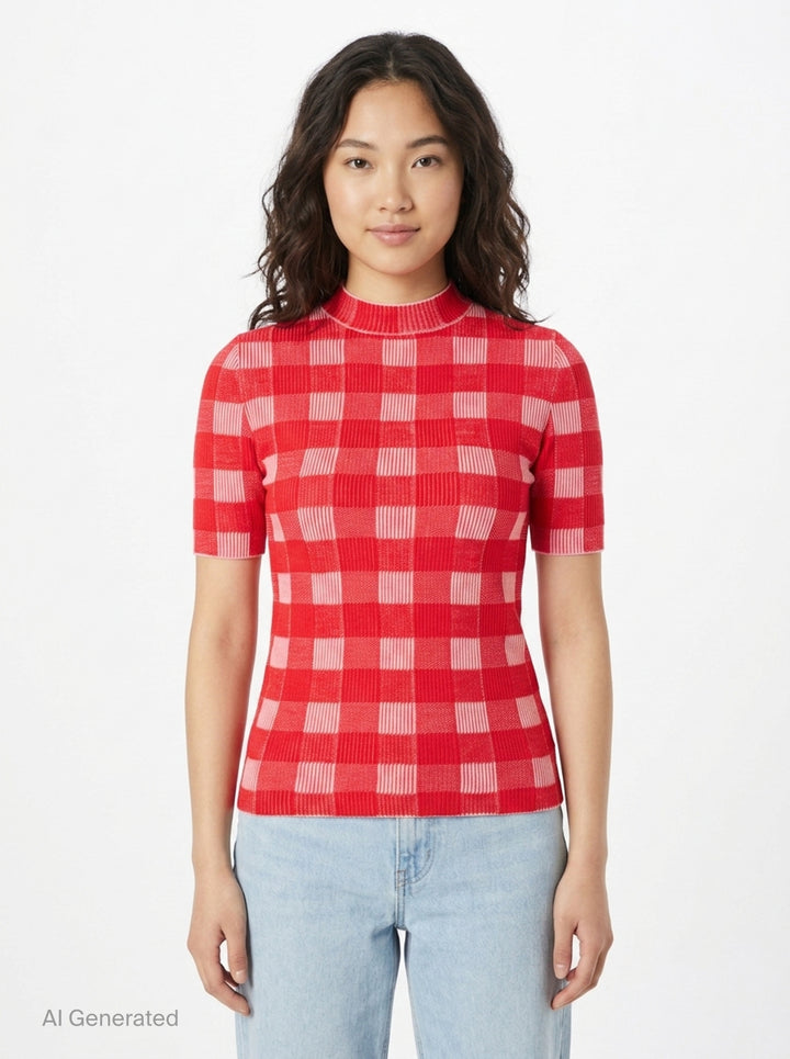 Short Sleeve Gingham Knit Sweater | AMI | Club21 - front