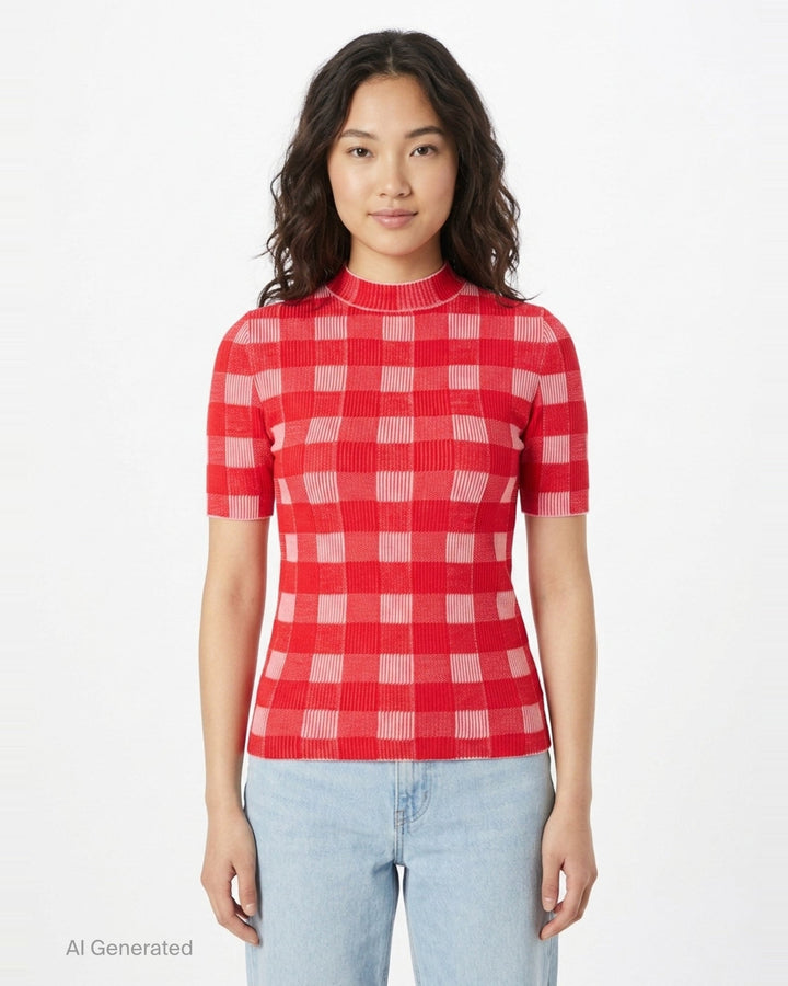 Short Sleeve Gingham Knit Sweater | AMI | Club21 - front
