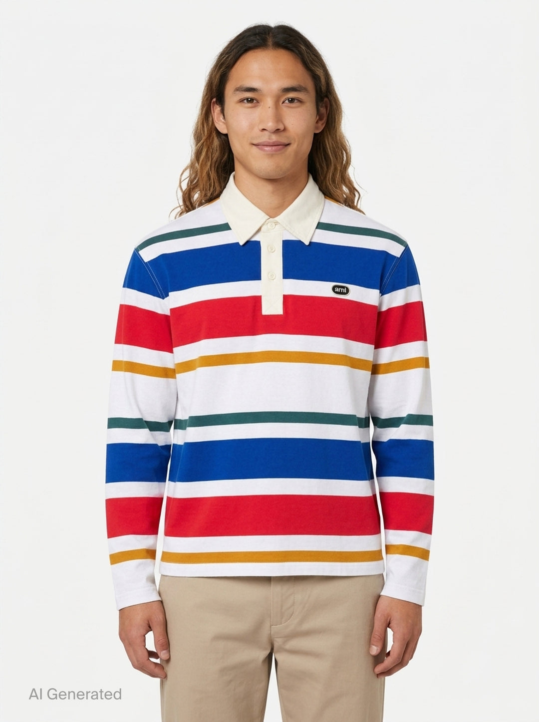 AMI Alexandre Mattiussi striped long sleeve polo with cream collar, three-button placket, and bold horizontal stripes in red, white, blue, teal, and mustard with AMI logo badge at chest - front