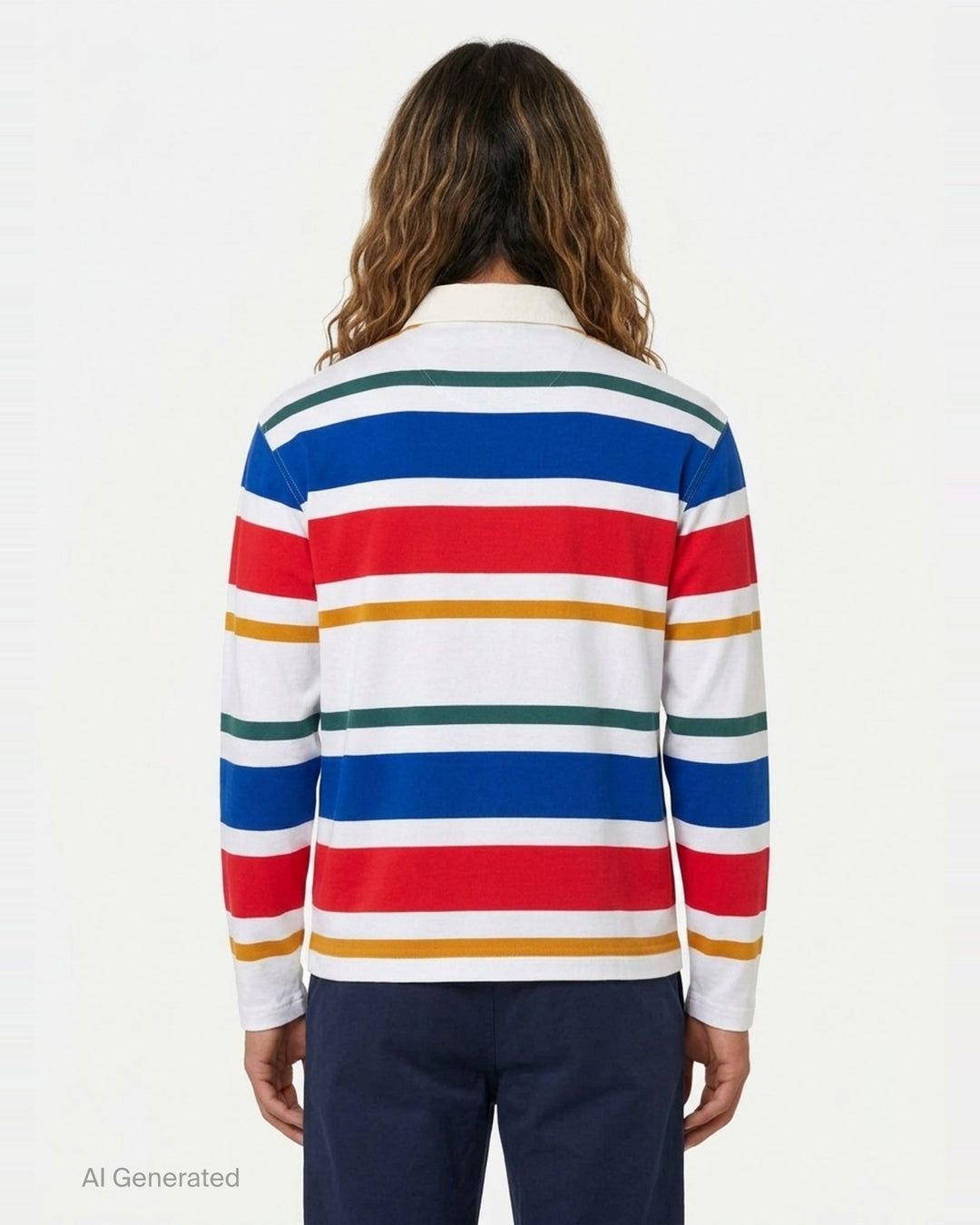 AMI Alexandre Mattiussi striped long sleeve polo with cream collar, three-button placket, and bold horizontal stripes in red, white, blue, teal, and mustard with AMI logo badge at chest - back