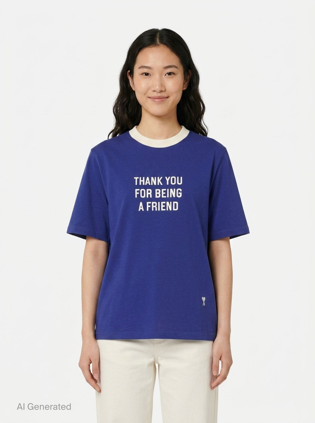 AMI royal blue cotton graphic T-shirt with 'Thank You For Being A Friend' slogan print in cream lettering, featuring a contrast cream ribbed crew neckline and AMI de Cœur logo at the hem - front