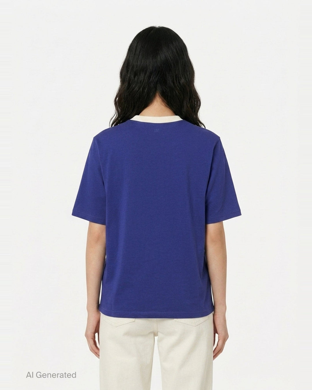AMI royal blue cotton graphic T-shirt with 'Thank You For Being A Friend' slogan print in cream lettering, featuring a contrast cream ribbed crew neckline and AMI de Cœur logo at the hem - back