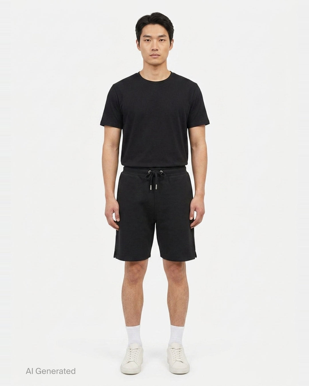 AMI Tonal Emboss Shorts in taupe cotton fleece with drawstring waistband, silver-tone aglets, and subtle logo emboss detail, laid flat on white background - front
